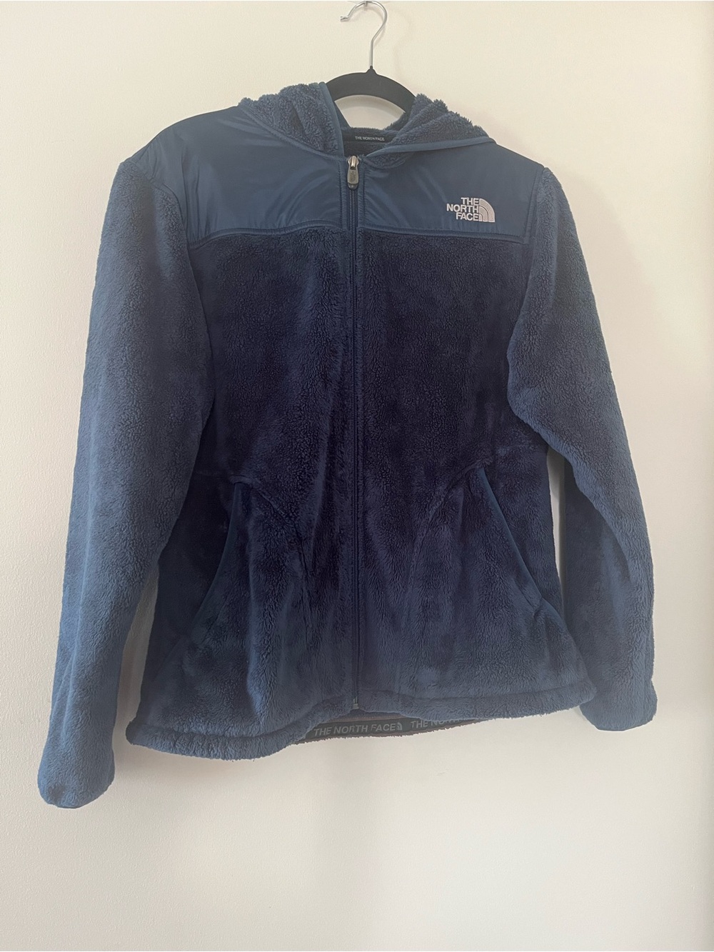 The North Face Blue Hooded Fleece Jacket Womens Large Fuzzy Plush Full Zip